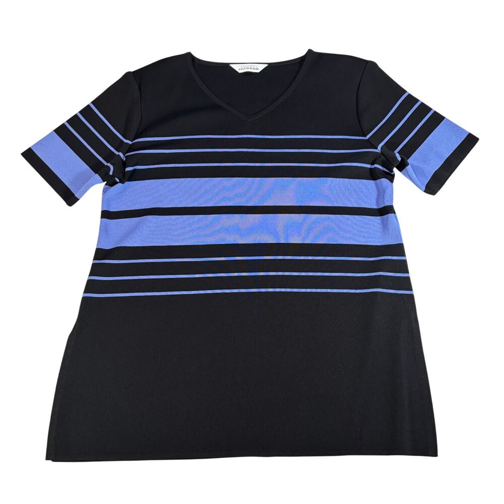 VTG Misook women short sleeve knit top. Black purple stripes. Sz L. quiet luxury